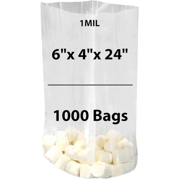 LDPE 1 mil 6" X 4" X 24" Clear Gusseted Poly Bags 1000 Bags